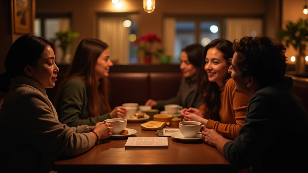 Rahat kafe ortamında arkadaşlar çay ve kahve içerken sohbet ediyor, sıcak aydınlatma, masalarda kitaplar ve oyun tahtaları