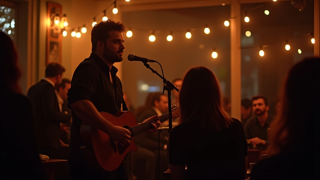 Kafe sahnesinde müzisyen gitar çalıyor, izleyiciler dinliyor, samimi ve sıcak atmosfer, canlı müzik akşamı